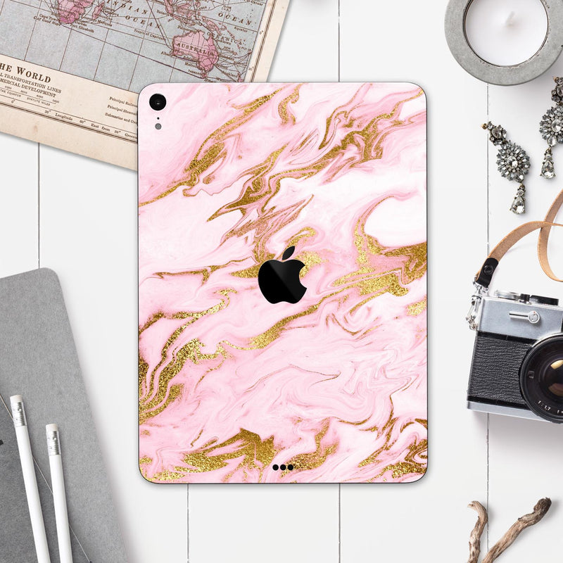 Rose Pink Marble & Digital Gold Frosted Foil V3 - Full Body Skin Decal for the Apple iPad Pro 12.9", 11", 10.5", 9.7", Air or Mini (All Models Available)