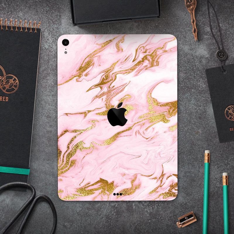 Rose Pink Marble & Digital Gold Frosted Foil V3 - Full Body Skin Decal for the Apple iPad Pro 12.9", 11", 10.5", 9.7", Air or Mini (All Models Available)