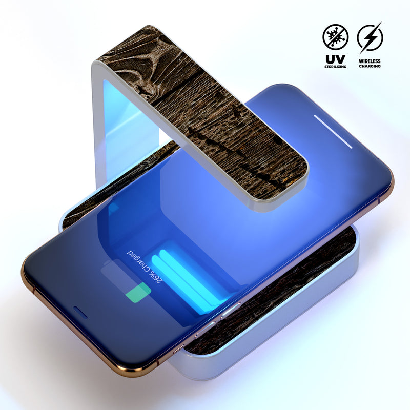 Rough Textured Dark Wooden Planks UV Germicidal Sanitizing Sterilizing Wireless Smart Phone Screen Cleaner + Charging Station