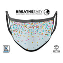 Scattered Multicolor Shapes Over Blue  - Made in USA Mouth Cover Unisex Anti-Dust Cotton Blend Reusable & Washable Face Mask with Adjustable Sizing for Adult or Child