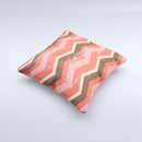 Scratched Coral & Brown Layered Chevron V1 Ink-Fuzed Decorative Throw Pillow