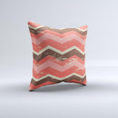 Scratched Coral & Brown Layered Chevron V1 Ink-Fuzed Decorative Throw Pillow