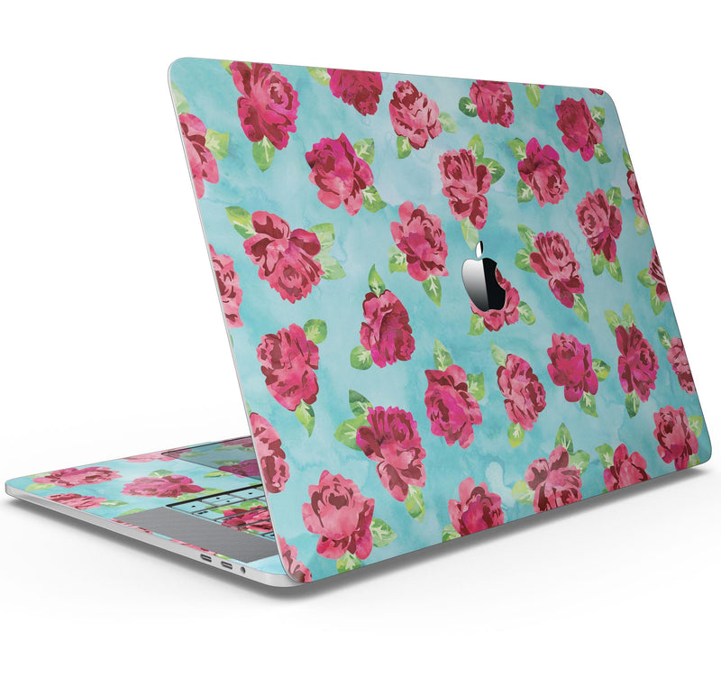 Shabby Chic Flowers over Aqua Watercolor Pattern - Skin Decal Wrap Kit Compatible with the Apple MacBook Pro, Pro with Touch Bar or Air (11", 12", 13", 15" & 16" - All Versions Available)