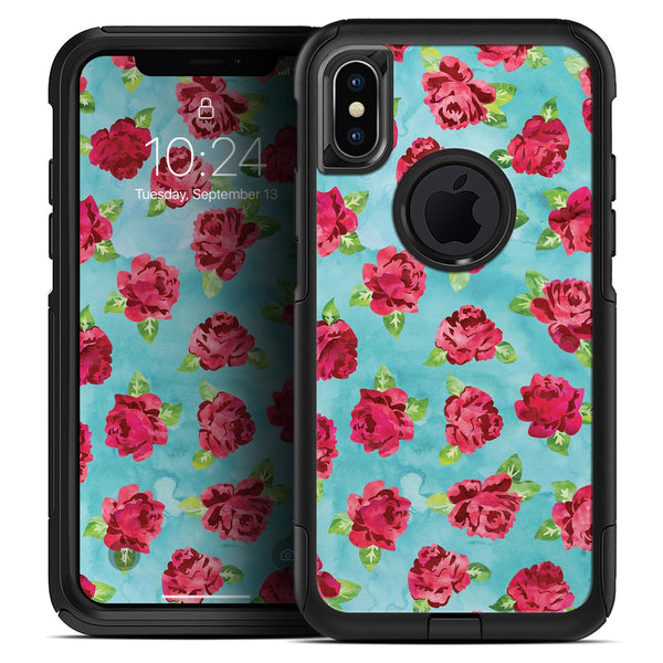 Shabby Chic Flowers over Aqua Watercolor Pattern - Skin Kit for the iPhone OtterBox Cases