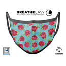 Shabby Chic Flowers over Aqua Watercolor Pattern - Made in USA Mouth Cover Unisex Anti-Dust Cotton Blend Reusable & Washable Face Mask with Adjustable Sizing for Adult or Child