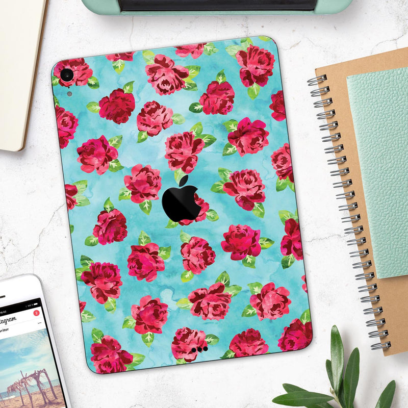 Shabby Chic Flowers over Aqua Watercolor Pattern - Full Body Skin Decal for the Apple iPad Pro 12.9", 11", 10.5", 9.7", Air or Mini (All Models Available)