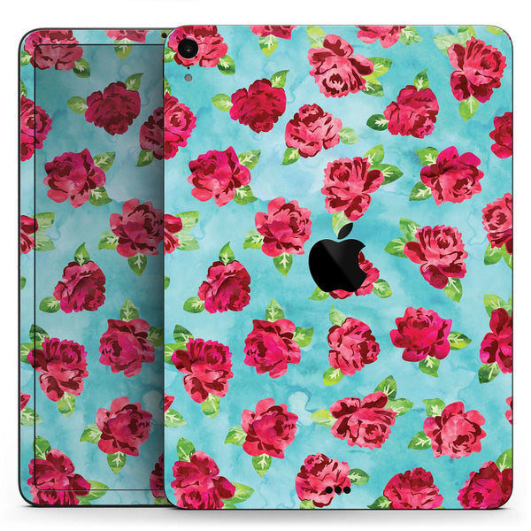 Shabby Chic Flowers over Aqua Watercolor Pattern - Full Body Skin Decal for the Apple iPad Pro 12.9", 11", 10.5", 9.7", Air or Mini (All Models Available)