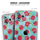 Shabby Chic Flowers over Aqua Watercolor Pattern - Vinyl Skin Wrap for iPhone 17 Pro Max, 17 Pro, 17 Air, 17, 16 & All Models — Soft Matte or Ultra Gloss