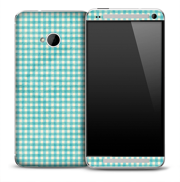 Turquoise Checker Fabric Skin for the HTC One Phone
