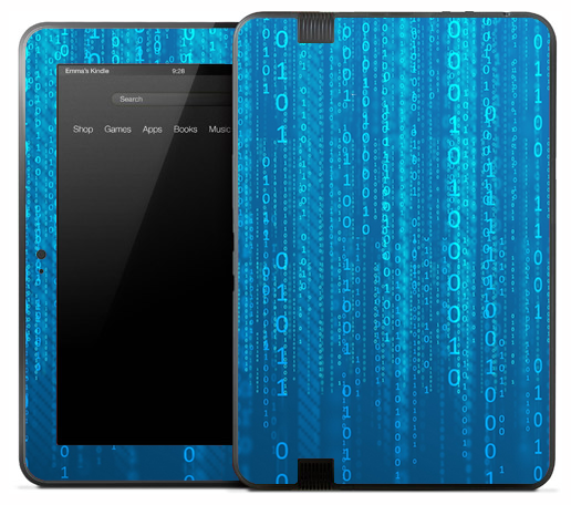 Neon Blue Falling Binary Skin for the Amazon Kindle