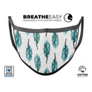 Splattered Teal Watercolor Feathers - Made in USA Mouth Cover Unisex Anti-Dust Cotton Blend Reusable & Washable Face Mask with Adjustable Sizing for Adult or Child