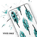 Splattered Teal Watercolor Feathers - Premium Vinyl Skin Decal for Samsung Galaxy S25 Ultra, S24, S23, S22 & All Galaxy S Models