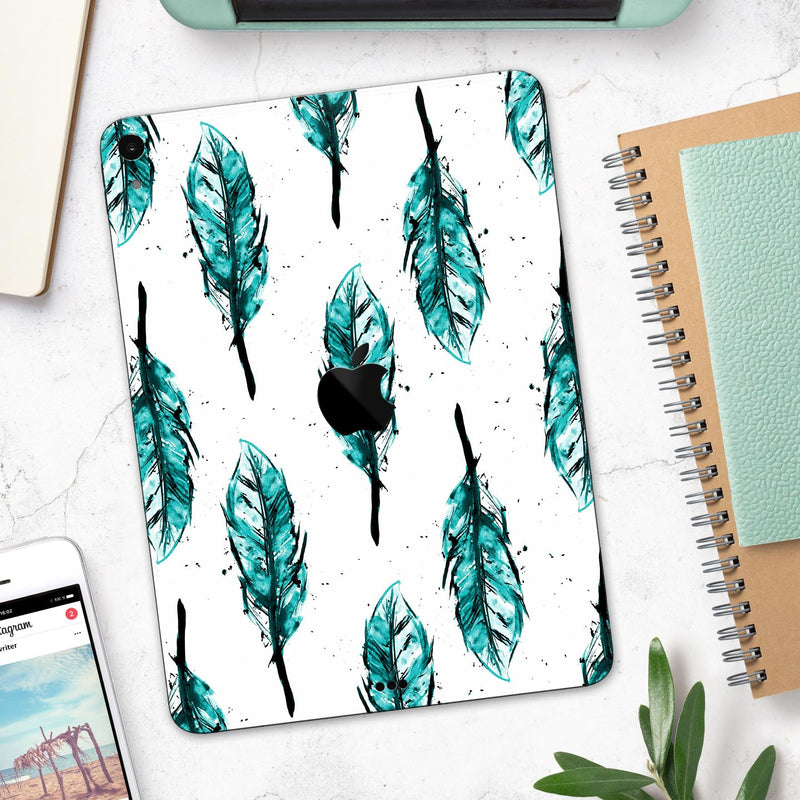 Splattered Teal Watercolor Feathers - Full Body Skin Decal for the Apple iPad Pro 12.9", 11", 10.5", 9.7", Air or Mini (All Models Available)