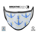 Striped Blue and Gold Watercolor Anchor - Made in USA Mouth Cover Unisex Anti-Dust Cotton Blend Reusable & Washable Face Mask with Adjustable Sizing for Adult or Child