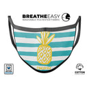 Striped Mint and Gold Pineapple - Made in USA Mouth Cover Unisex Anti-Dust Cotton Blend Reusable & Washable Face Mask with Adjustable Sizing for Adult or Child