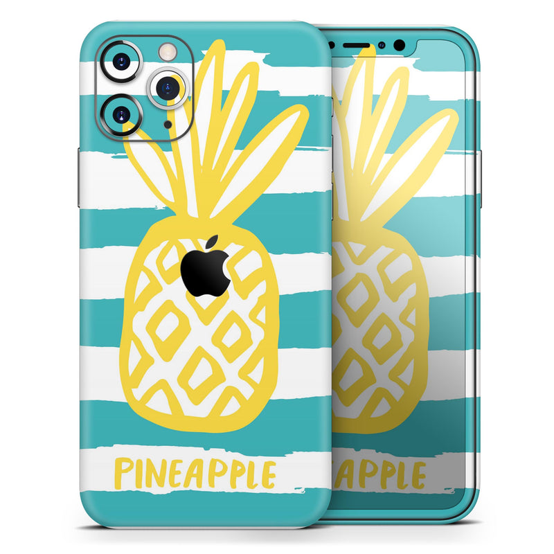 Striped Mint and Gold Pineapple - Protective Skin Wrap & Decal – Compatible with iPhone SE to iPhone 17 Pro Max (All Models)