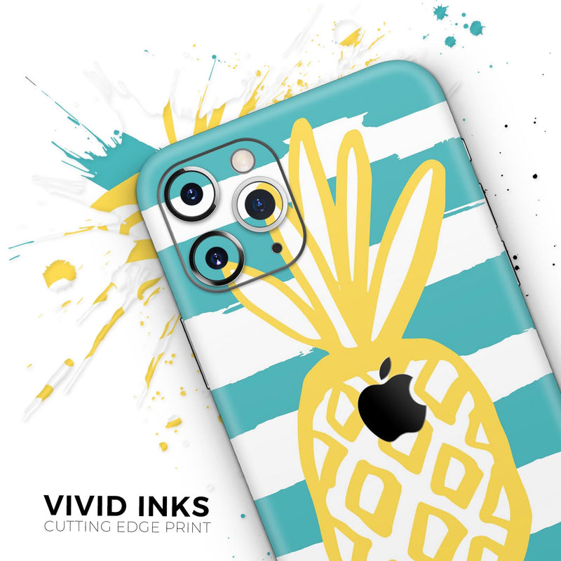 Striped Mint and Gold Pineapple - Protective Skin Wrap & Decal – Compatible with iPhone SE to iPhone 17 Pro Max (All Models)