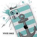 Teal Stripes with Gray Nautical Anchor - Protective Skin Wrap & Decal – Compatible with iPhone SE to iPhone 17 Pro Max (All Models)