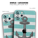 Teal Stripes with Gray Nautical Anchor - Protective Skin Wrap & Decal – Compatible with iPhone SE to iPhone 17 Pro Max (All Models)