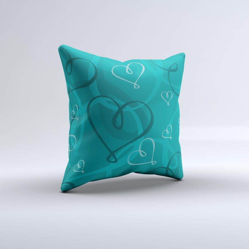 Teal Swirly Vector Love Hearts ink-Fuzed Decorative Throw Pillow