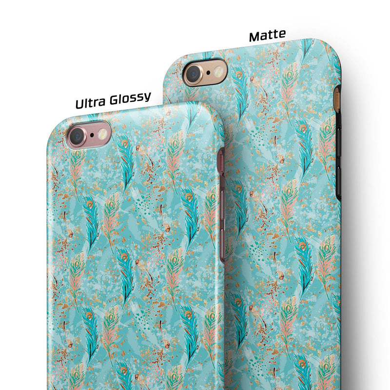 Teal and Coral Whispy Feathers Over Waterstrokes iPhone 6/6s or 6/6s Plus 2-Piece Hybrid INK-Fuzed Case