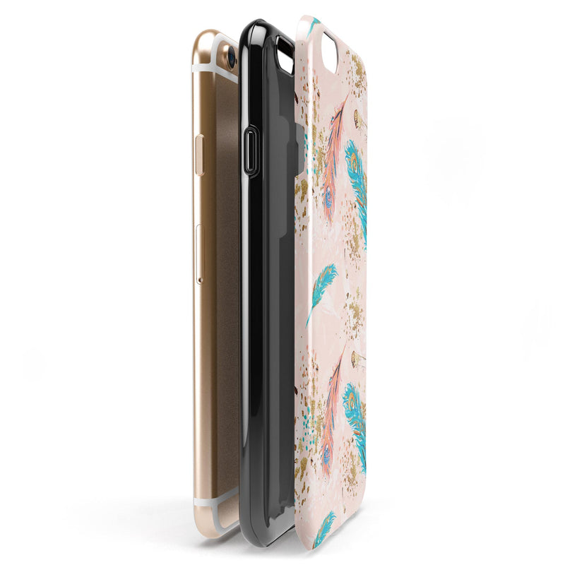Teal and Croal Feathers Over Gold Strokes iPhone 6/6s or 6/6s Plus 2-Piece Hybrid INK-Fuzed Case
