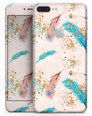 Teal and Croal Feathers Over Gold Strokes - Skin-kit for the iPhone 8 or 8 Plus