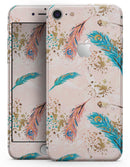 Teal and Croal Feathers Over Gold Strokes - Skin-kit for the iPhone 8 or 8 Plus