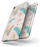 Teal and Croal Feathers Over Gold Strokes - Skin-kit for the iPhone 8 or 8 Plus
