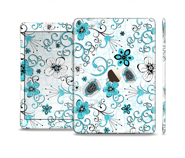 The Abstract Blue & Black Seamless Flowers Skin Set for the Apple iPad Pro