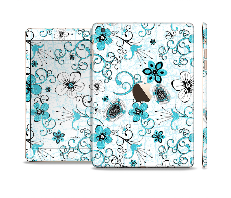 The Abstract Blue & Black Seamless Flowers Full Body Skin Set for the Apple iPad Mini 3