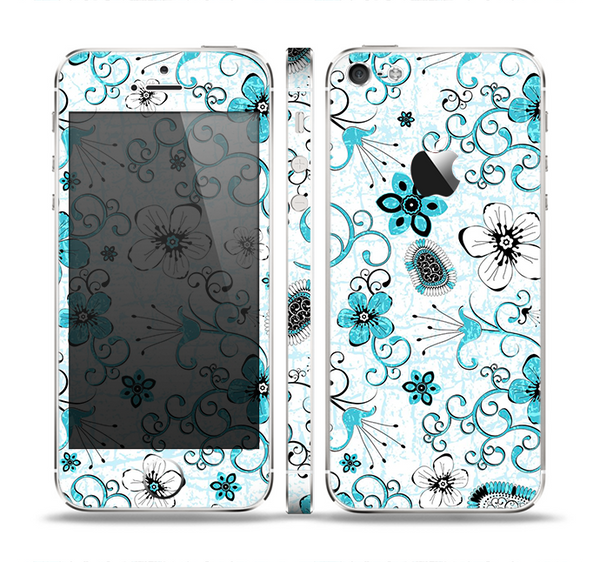 The Abstract Blue & Black Seamless Flowers Skin Set for the Apple iPhone 5