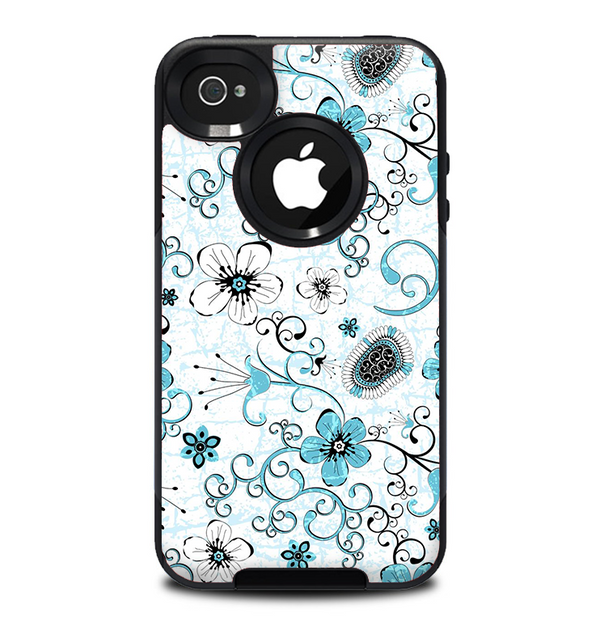 The Abstract Blue & Black Seamless Flowers Skin for the iPhone 4-4s OtterBox Commuter Case