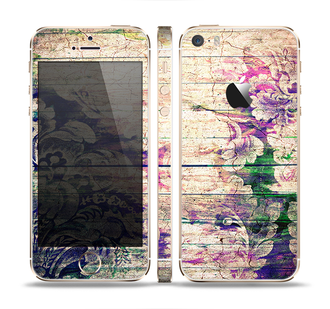The Abstract Color Floral Painted Wood Planks Skin Set for the Apple iPhone 5s