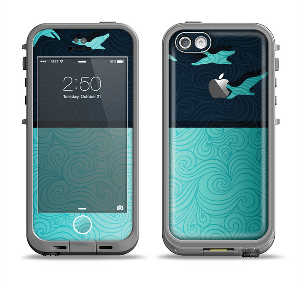 The Abstract Swirled Two Toned Green with Birds Apple iPhone 5c LifeProof Fre Case Skin Set