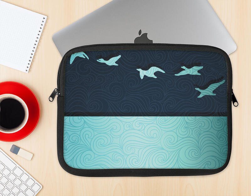 The Abstract Swirled Two Toned Green with Birds Ink-Fuzed NeoPrene MacBook Laptop Sleeve
