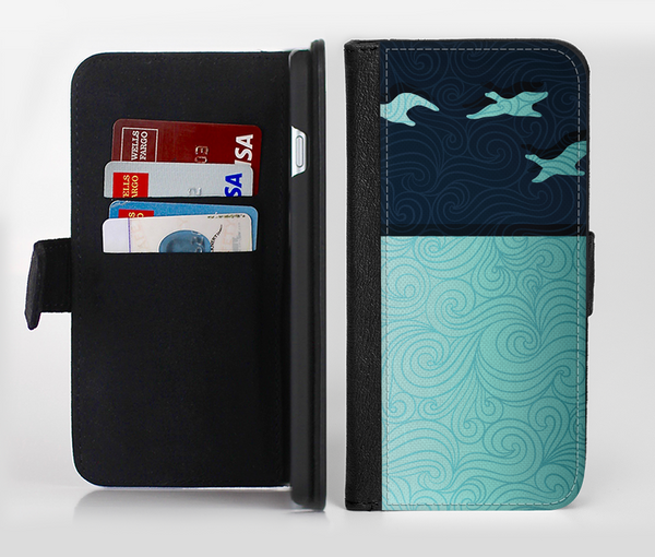 The Abstract Swirled Two Toned Green with Birds Ink-Fuzed Leather Folding Wallet Credit-Card Case for the Apple iPhone 6/6s, 6/6s Plus, 5/5s and 5c