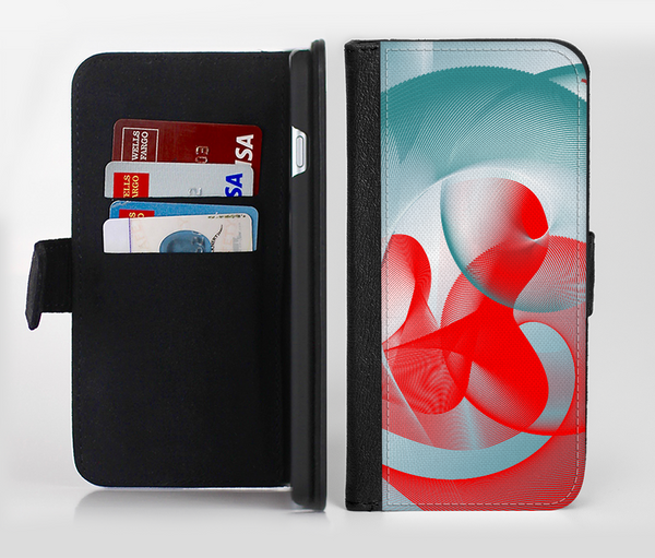 The Abstract Teal & Red Love Connect Ink-Fuzed Leather Folding Wallet Credit-Card Case for the Apple iPhone 6/6s, 6/6s Plus, 5/5s and 5c