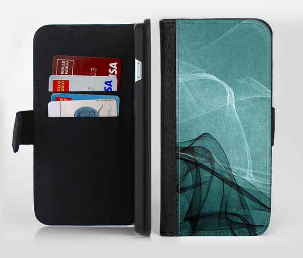 The Abstract Teal and Black Curves Ink-Fuzed Leather Folding Wallet Credit-Card Case for the Apple iPhone 6/6s, 6/6s Plus, 5/5s and 5c