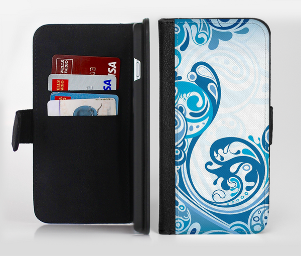 The Abstract Vibrant Blue Swirled Ink-Fuzed Leather Folding Wallet Credit-Card Case for the Apple iPhone 6/6s, 6/6s Plus, 5/5s and 5c