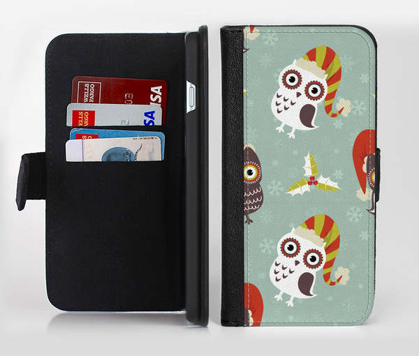 The Abstract Vintage Christmas Owls Ink-Fuzed Leather Folding Wallet Credit-Card Case for the Apple iPhone 6/6s, 6/6s Plus, 5/5s and 5c
