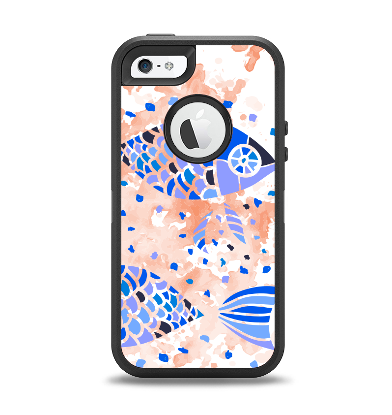 The Abstract White and Blue Fish Fossil Apple iPhone 5-5s Otterbox Defender Case Skin Set