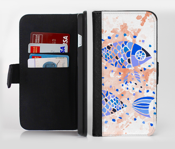The Abstract White and Blue Fish Fossil Ink-Fuzed Leather Folding Wallet Credit-Card Case for the Apple iPhone 6/6s, 6/6s Plus, 5/5s and 5c