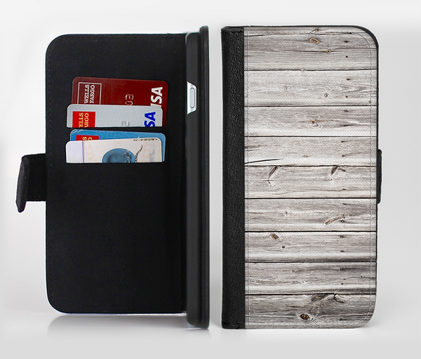 The Aged White Wood Planks Ink-Fuzed Leather Folding Wallet Credit-Card Case for the Apple iPhone 6/6s, 6/6s Plus, 5/5s and 5c