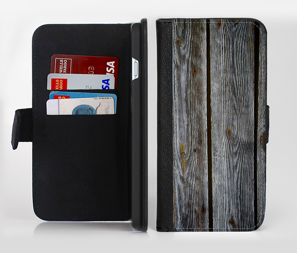 The Aged Wood Planks Ink-Fuzed Leather Folding Wallet Credit-Card Case for the Apple iPhone 6/6s, 6/6s Plus, 5/5s and 5c