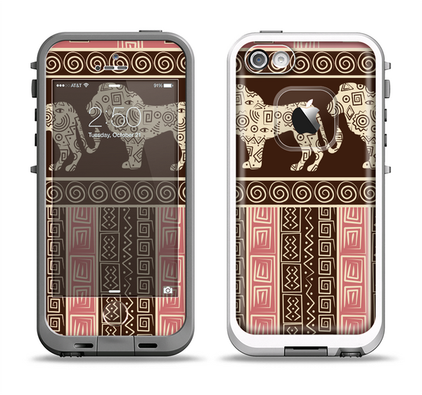 The Aztec Pink & Brown Lion Pattern Apple iPhone 5-5s LifeProof Fre Case Skin Set