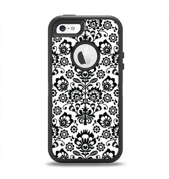 The Black Floral Delicate Pattern Apple iPhone 5-5s Otterbox Defender Case Skin Set