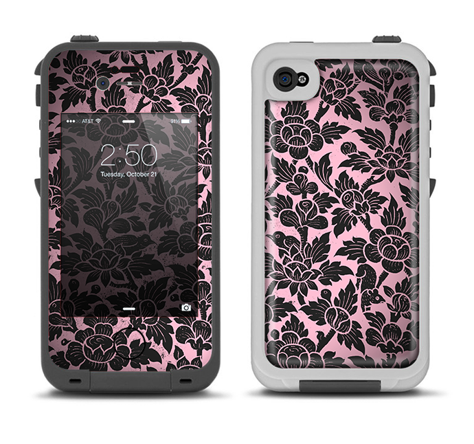 The Black & Pink Floral Design Pattern V2 Apple iPhone 4-4s LifeProof Fre Case Skin Set