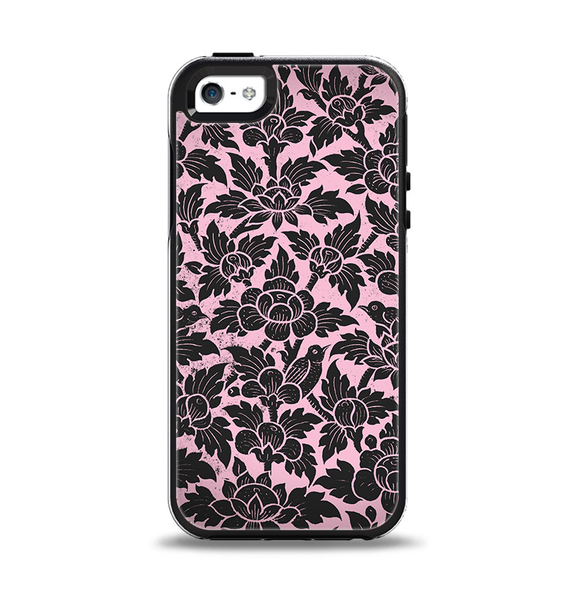 The Black & Pink Floral Design Pattern V2 Apple iPhone 5-5s Otterbox Symmetry Case Skin Set