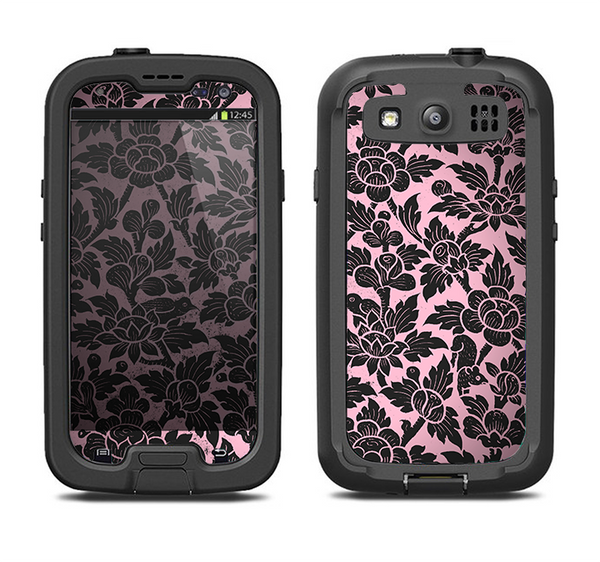 The Black & Pink Floral Design Pattern V2 Samsung Galaxy S4 LifeProof Nuud Case Skin Set